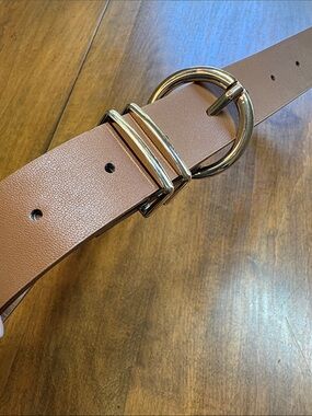 Luggage Brown faux Leather Belt with Gold-Toned Ring Buckle